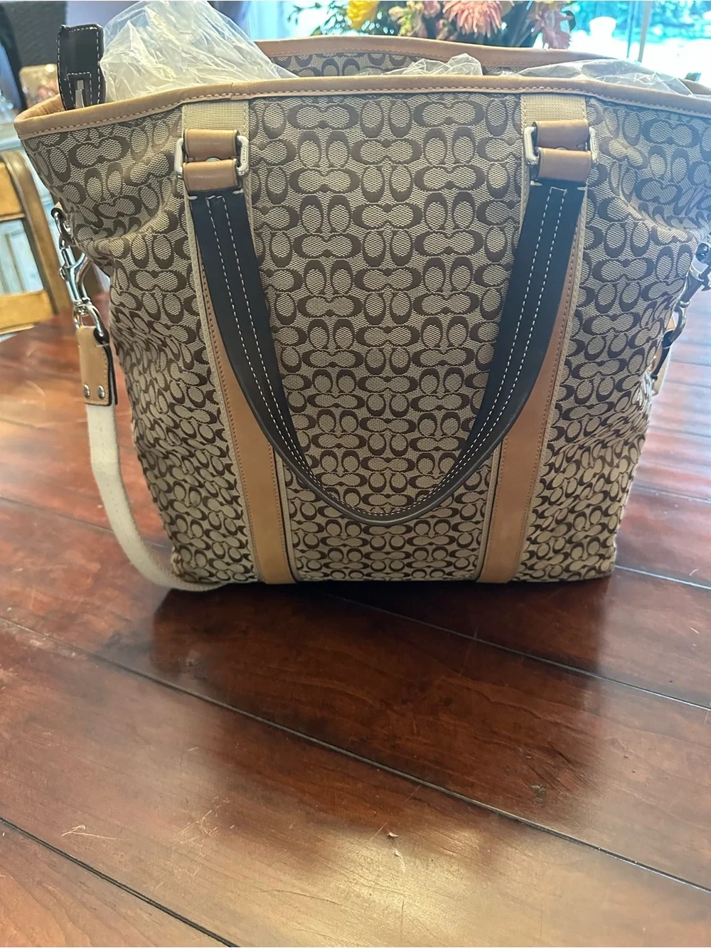 Coach Signature Canvas Tote with Tan Trim and Dark Brown Handles